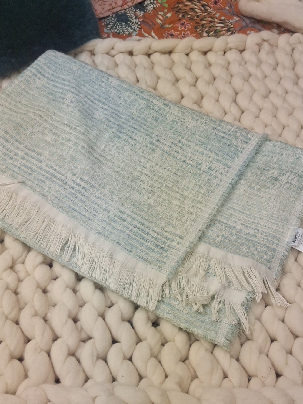 Martha Stewart Light Blue and White Fringed Throw